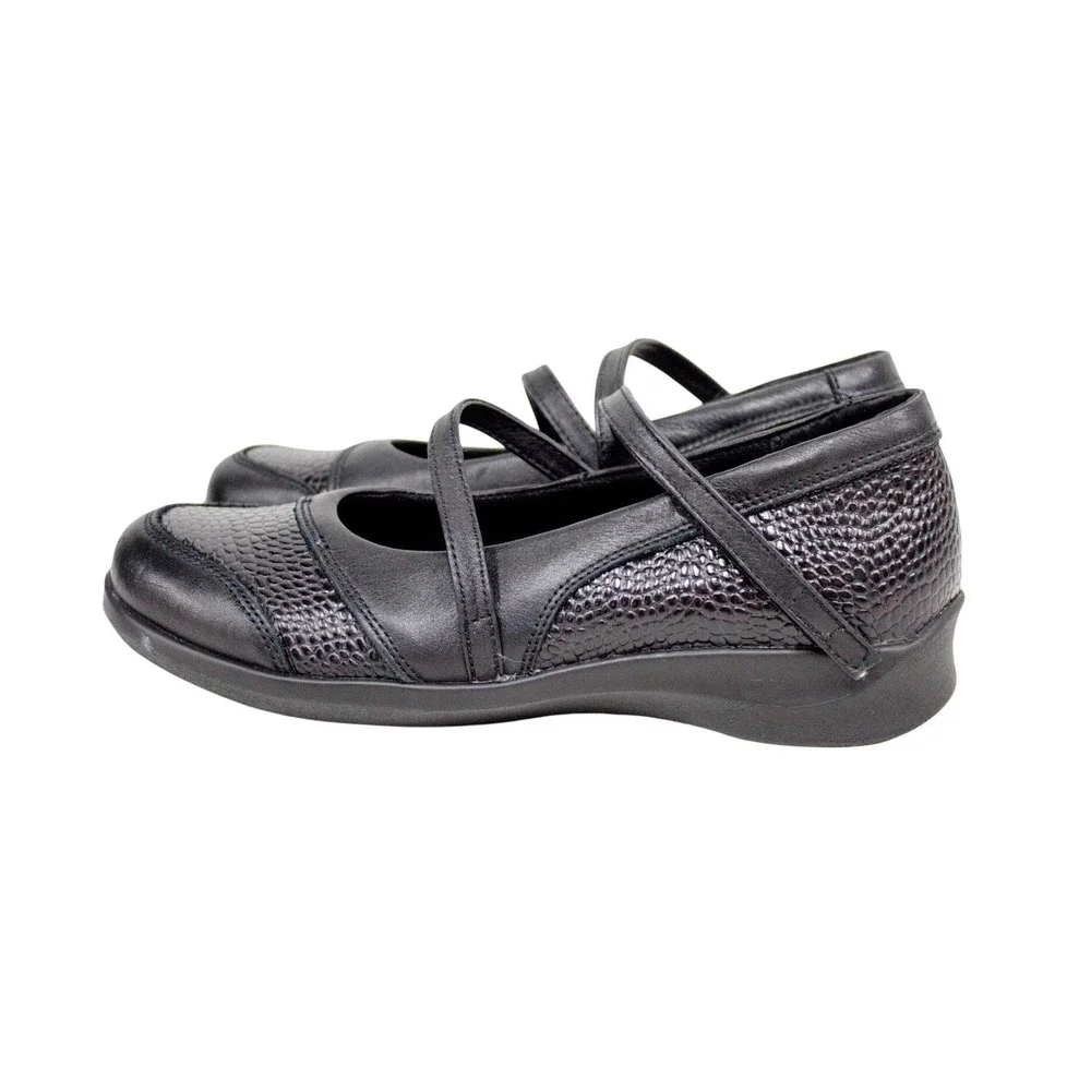 Aetrex Mary Jane Shoes Black Textured Pebbled Leather Comfort Size 7.5